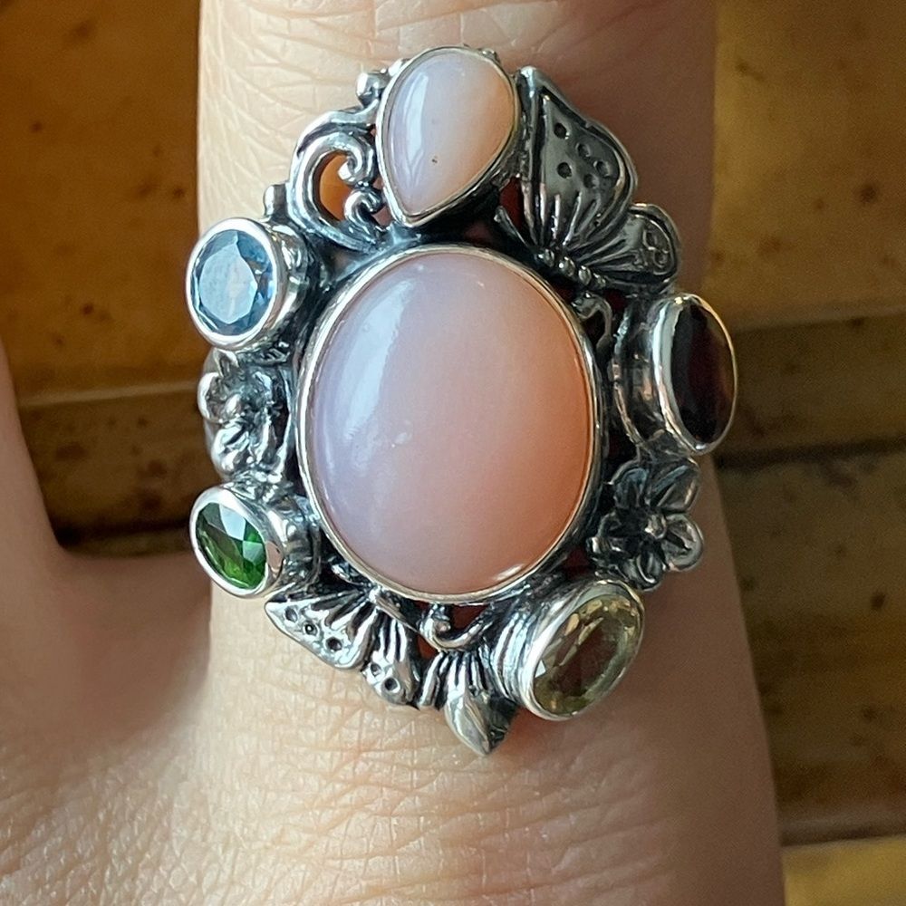 Natural Pink Opal Multi Gemstone Sterling Silver Cocktail Ring Size 8